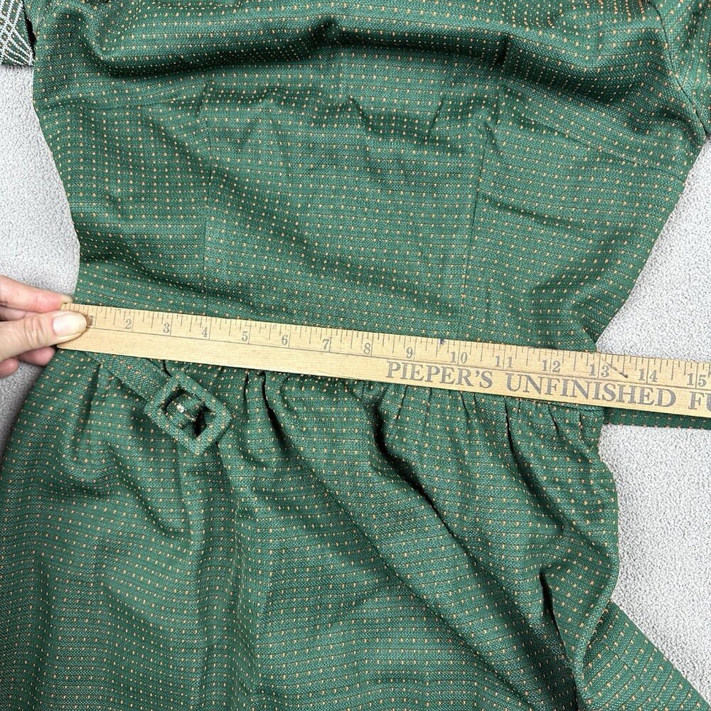 Vtg 70s Polyester Knit Green Dress w/ Belt Polka Dot High Neck 32B 26W 34L - Picture 6 of 9